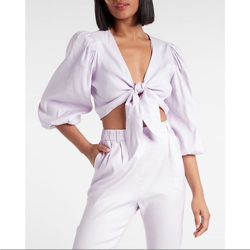 NWT EXPRESS Lavender Puff Sleeve Tie-Front Crop Top XXS